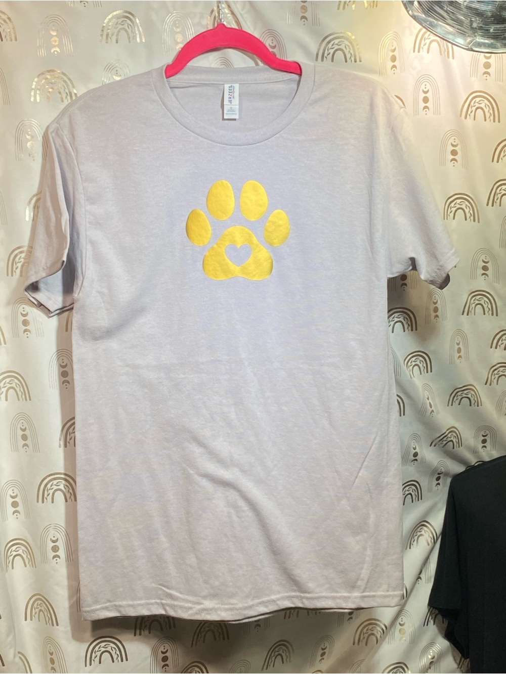 Jerzees Light Gray Tee with Yellow Paw Heart Graphic. Upcycled